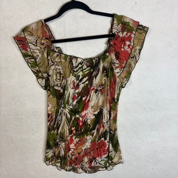 Tribal Pleated Scoop Neck Cap Ruffle Sleeve Sequin Tropical Size Small Vacation - Picture 3 of 6